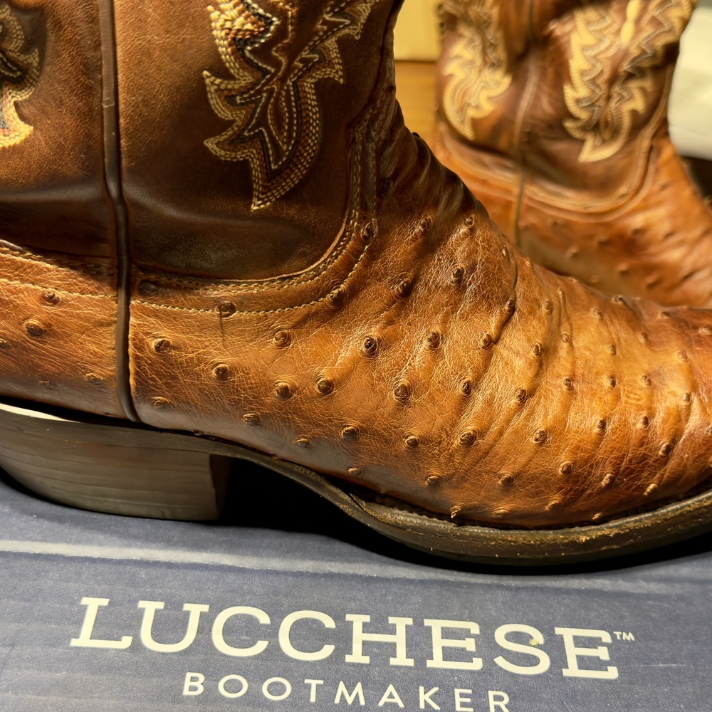 Lucchese Men's Brown Ostrich Leather Boots - Picture 2 of 16